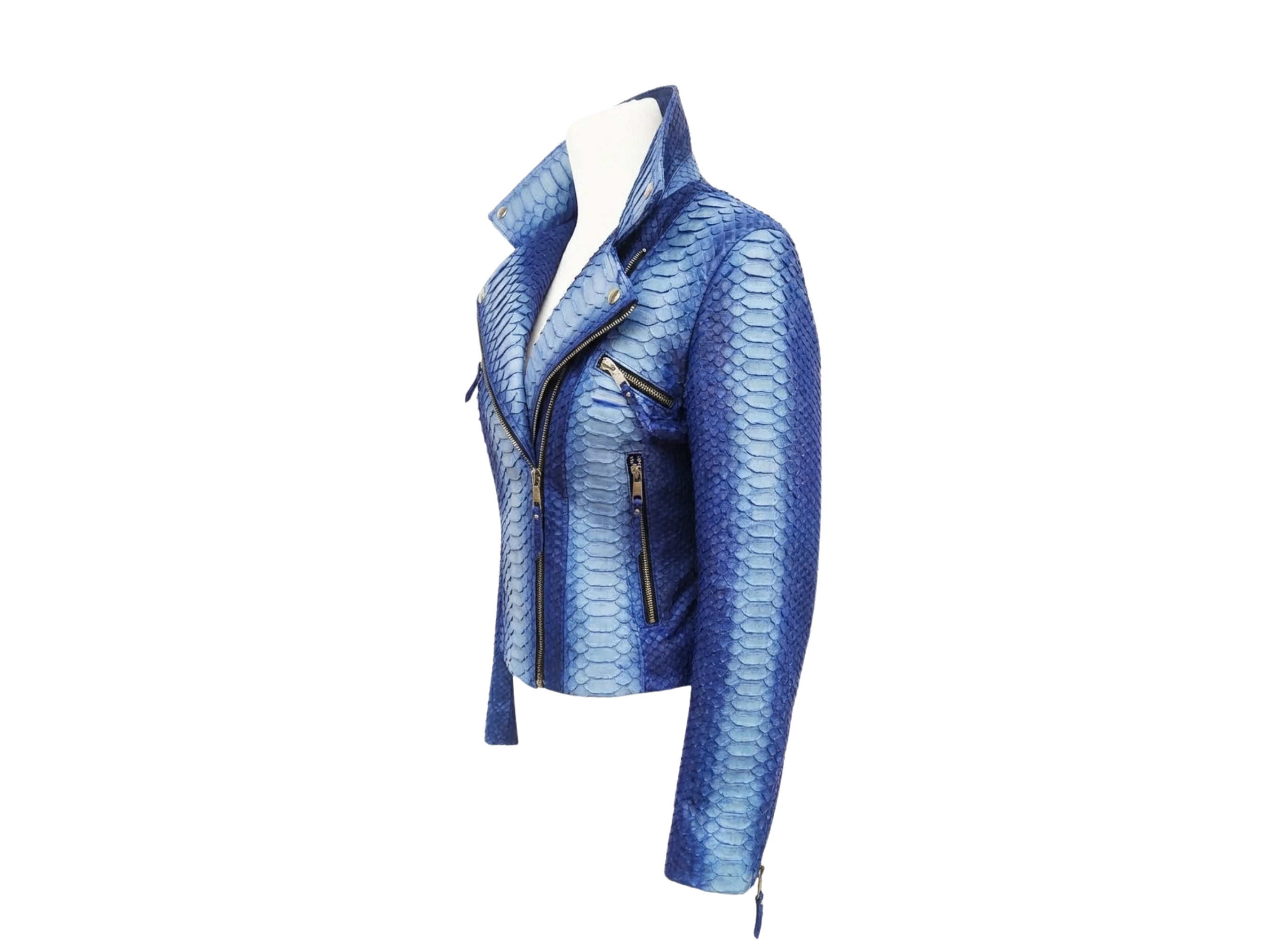 Blue snakeskin-effect biker jacket side view with asym zipper and zipped sleeve detail.