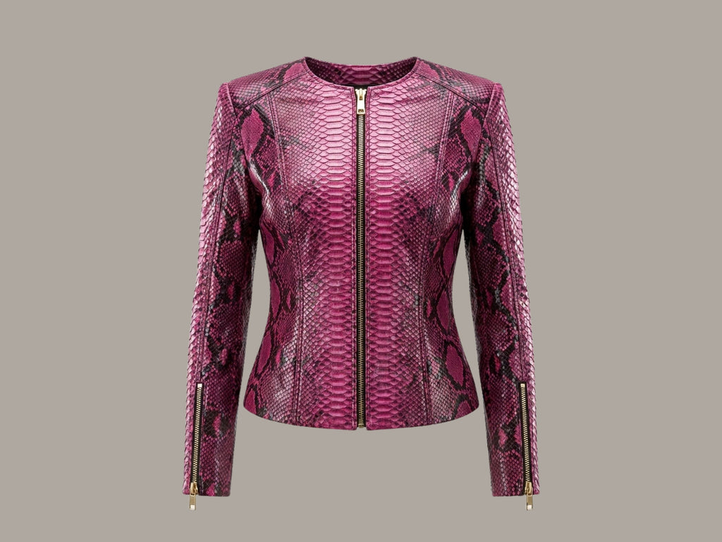 Pink burgundy snakeskin leather jacket, front view, center zipper, long sleeves