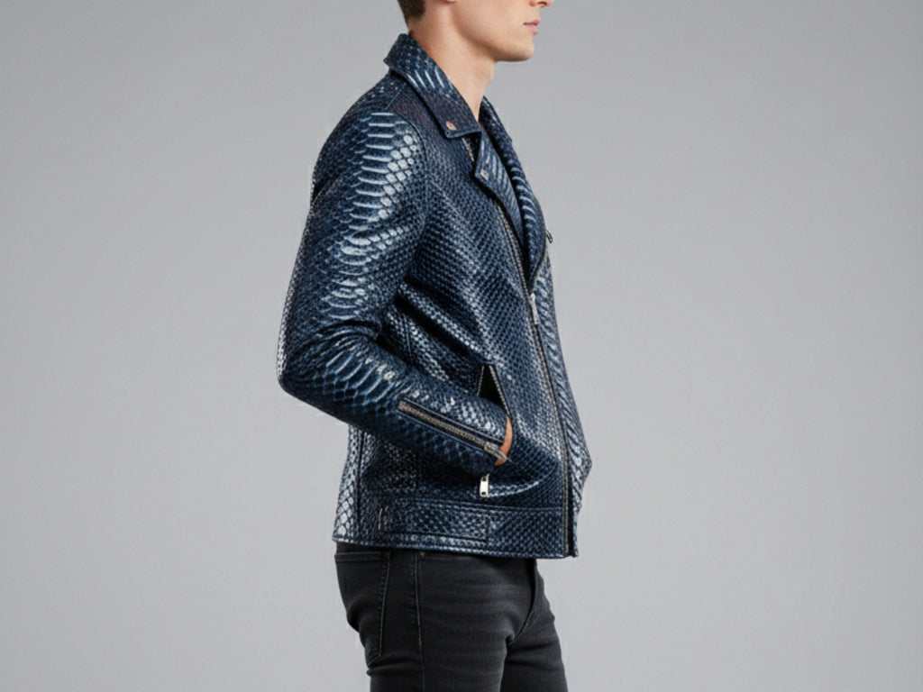 Dark blue python snakeskin biker jacket with side zipper pocket and asymmetrical front zip.