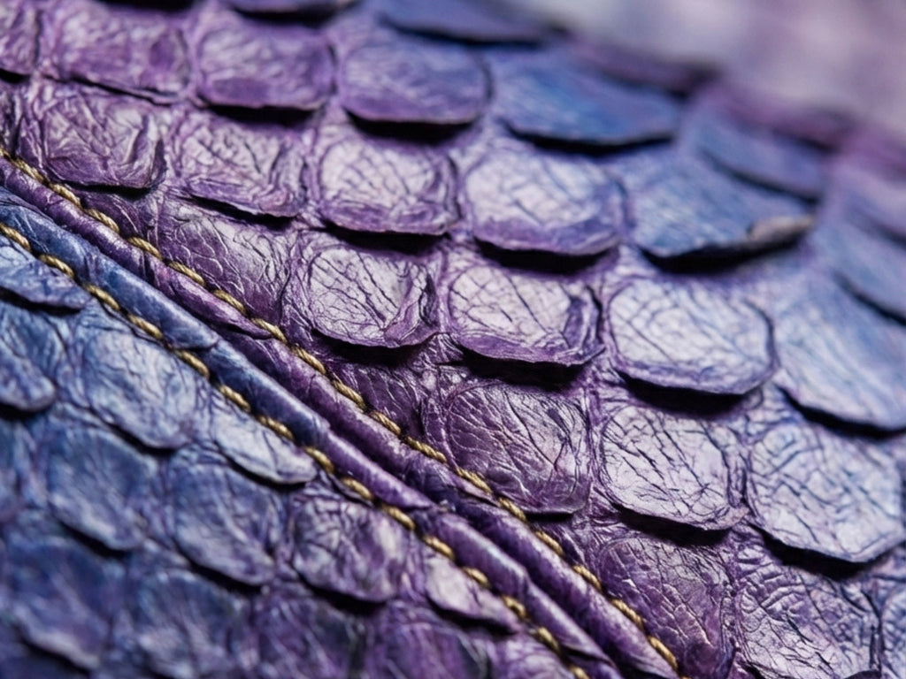 Close-up of purple-blue snakeskin pattern with gold trim seam