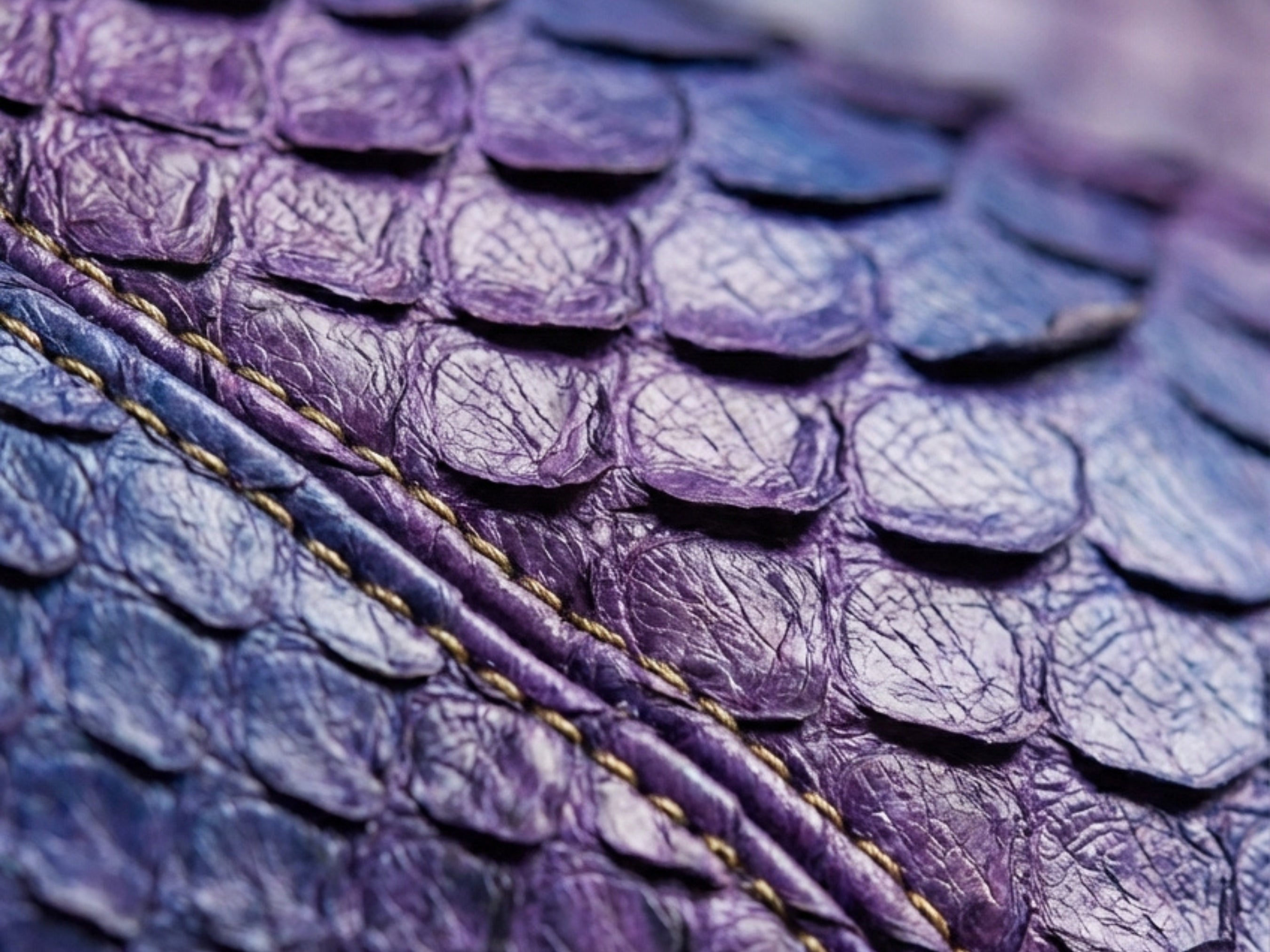 Close-up of purple-blue snakeskin pattern with gold trim seam