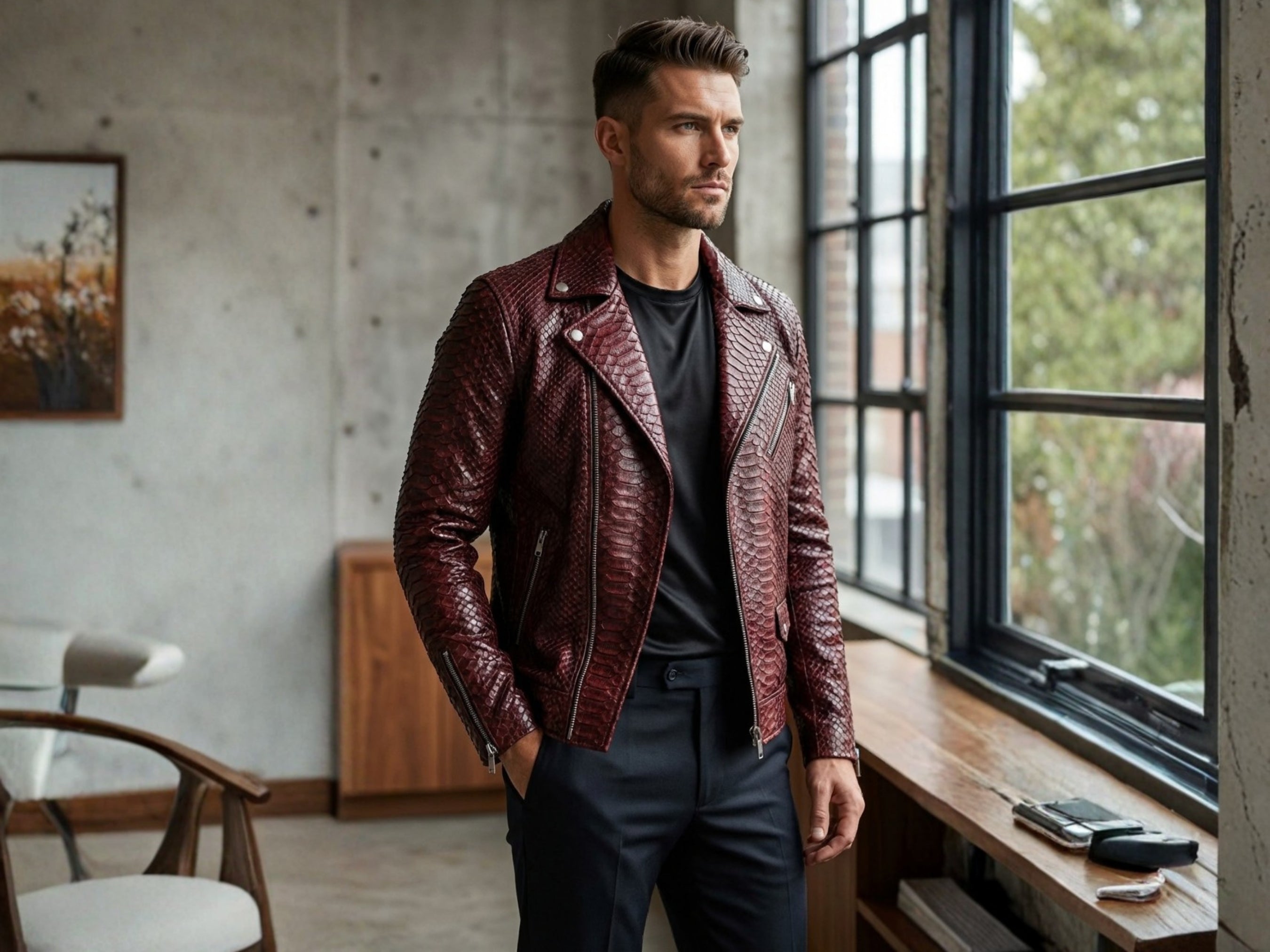 Burgundy python snakeskin leather biker jacket with zip-front and notched lapels