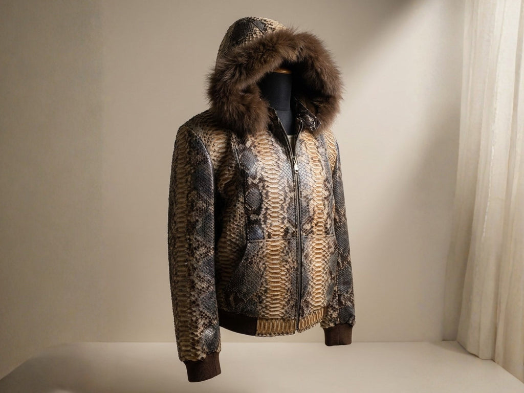 Side view of fur-trim hooded python snakeskin jacket with ribbed cuffs and hem