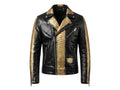 Python snakeskin biker jacket, black with gold scale panels, zip front, snap collar, pockets
