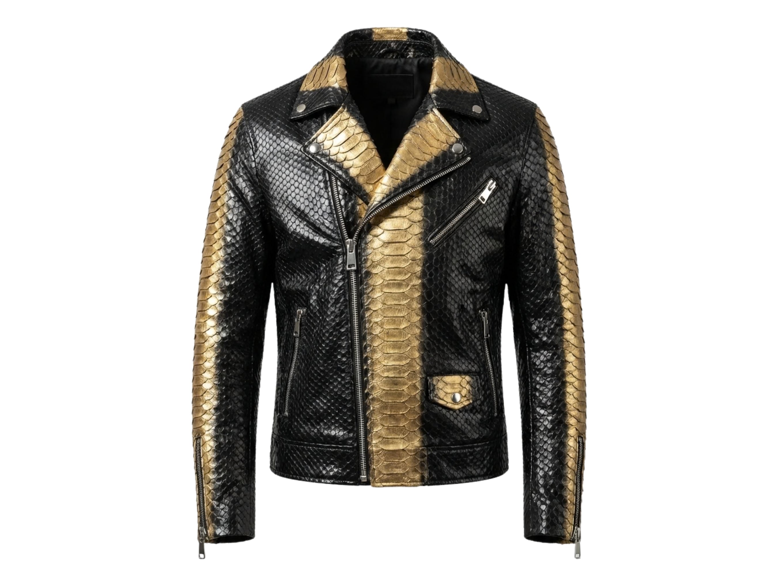 Python snakeskin biker jacket, black with gold scale panels, zip front, snap collar, pockets