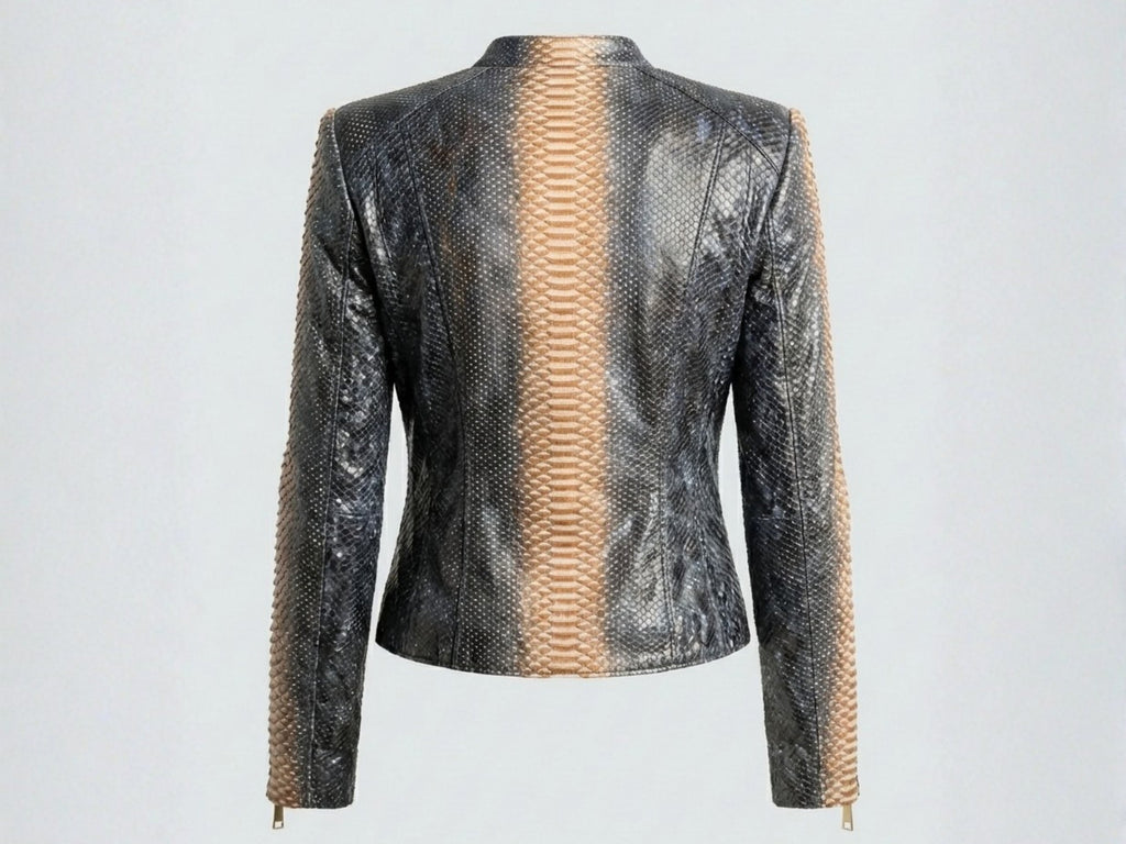 Snakeskin-style jacket in dark charcoal with stand collar and long sleeves