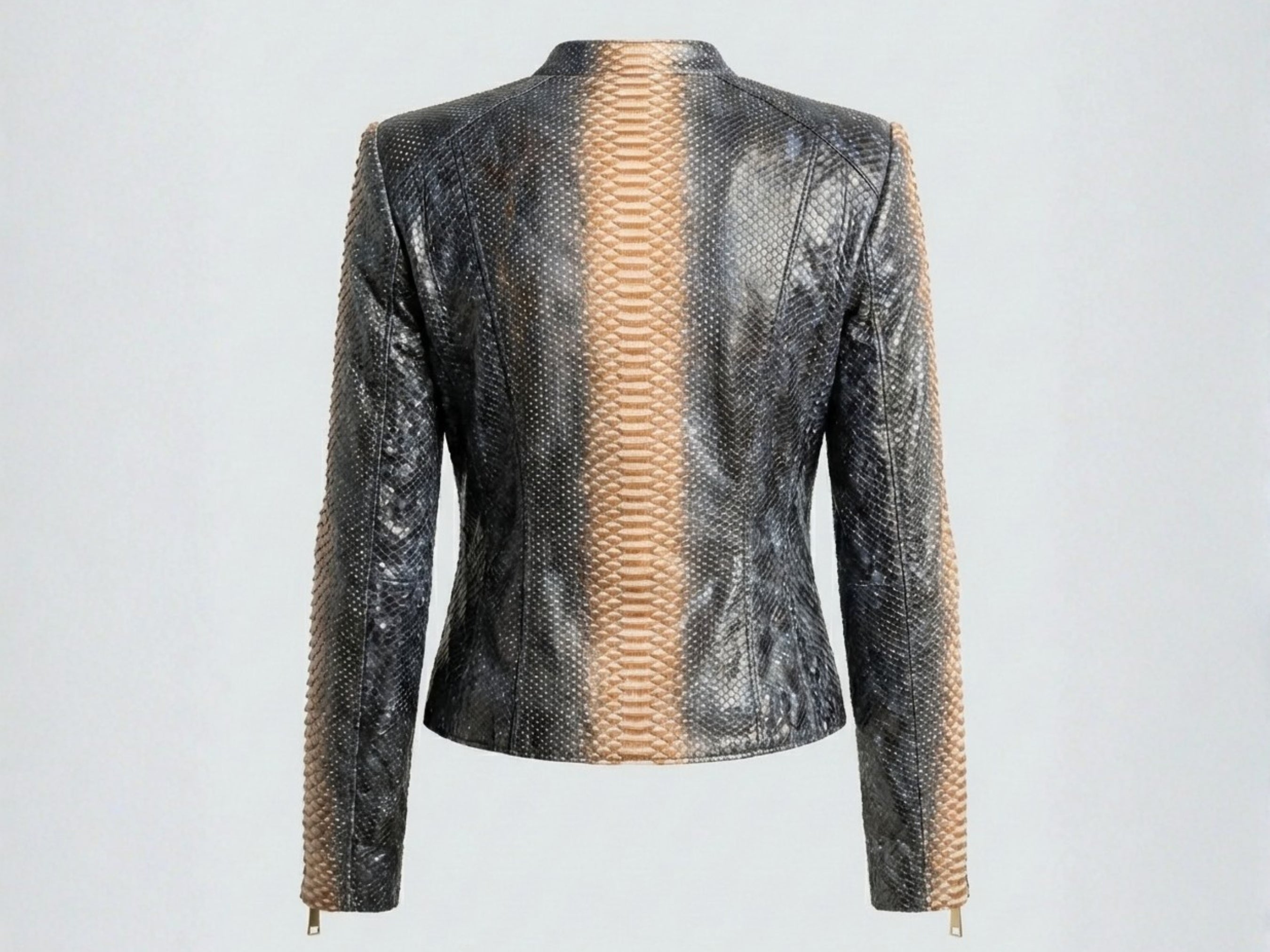 Snakeskin-style jacket in dark charcoal with stand collar and long sleeves