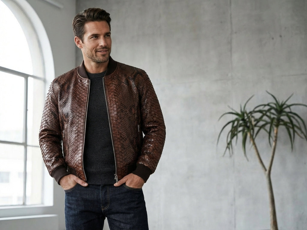 Brown snakeskin leather bomber jacket with front zip and stand collar