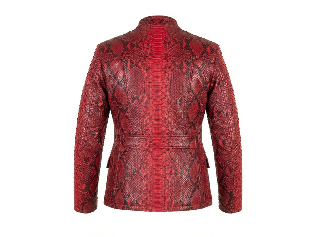 Red snakeskin leather jacket back view with central vent and long sleeves