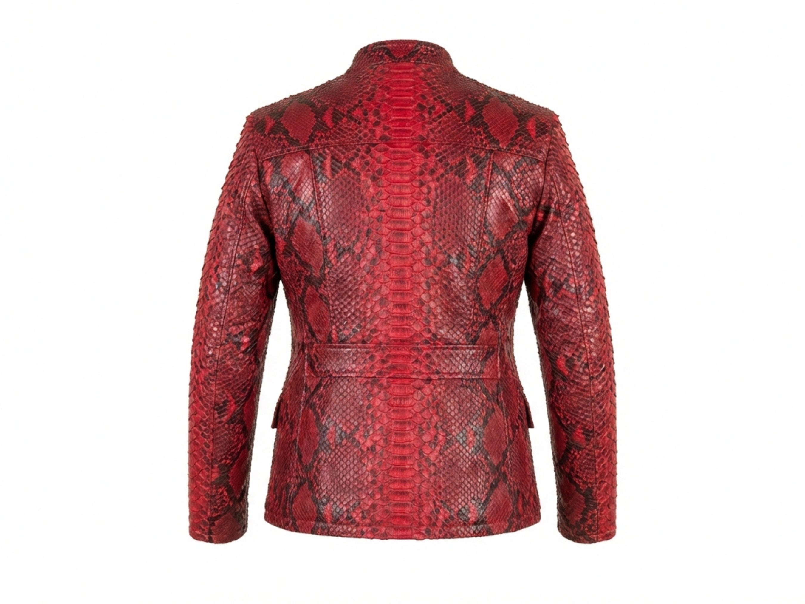 Red snakeskin leather jacket back view with central vent and long sleeves