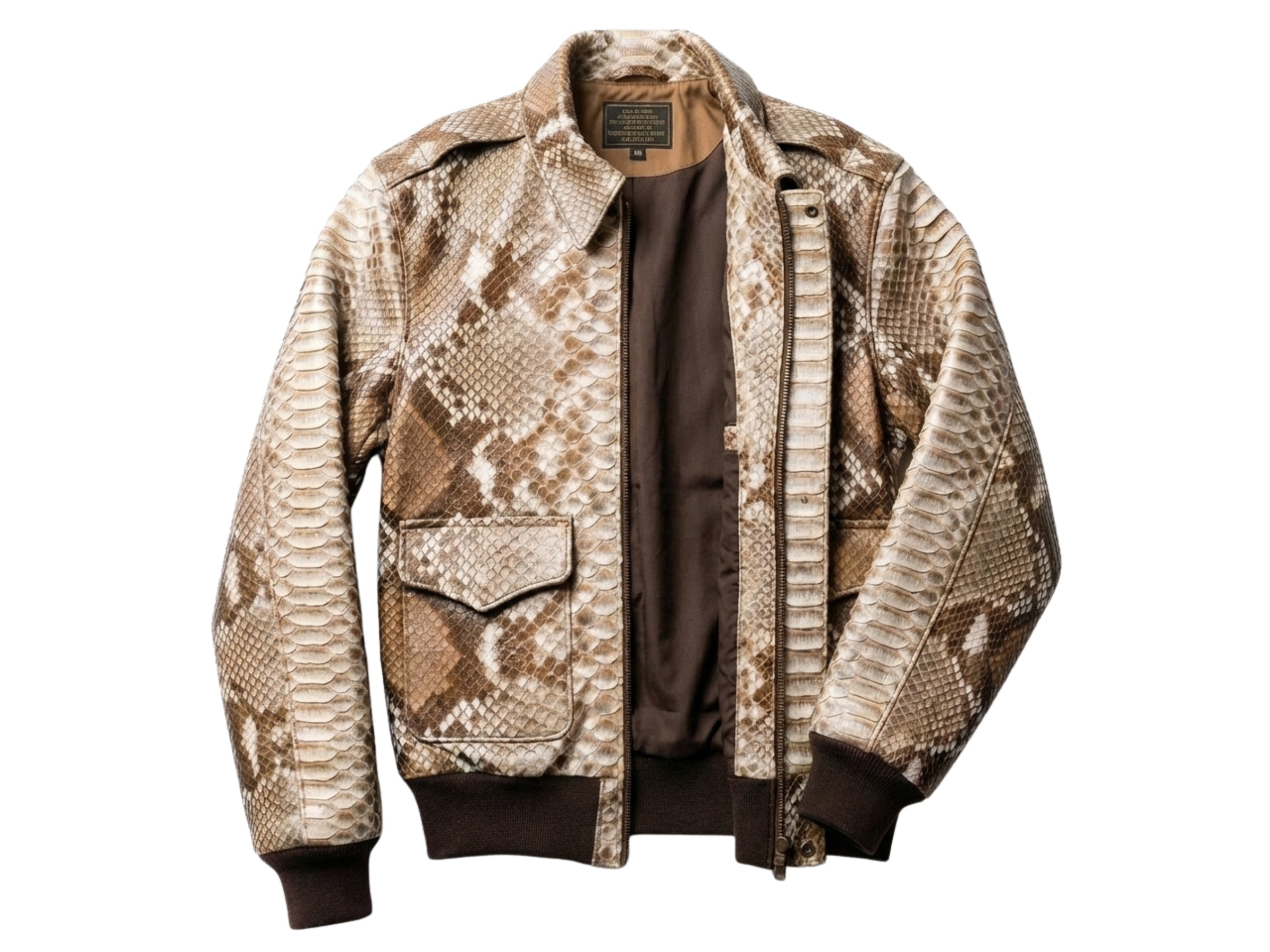 Taupe beige python snakeskin bomber jacket with flap pockets, front zipper, ribbed hem