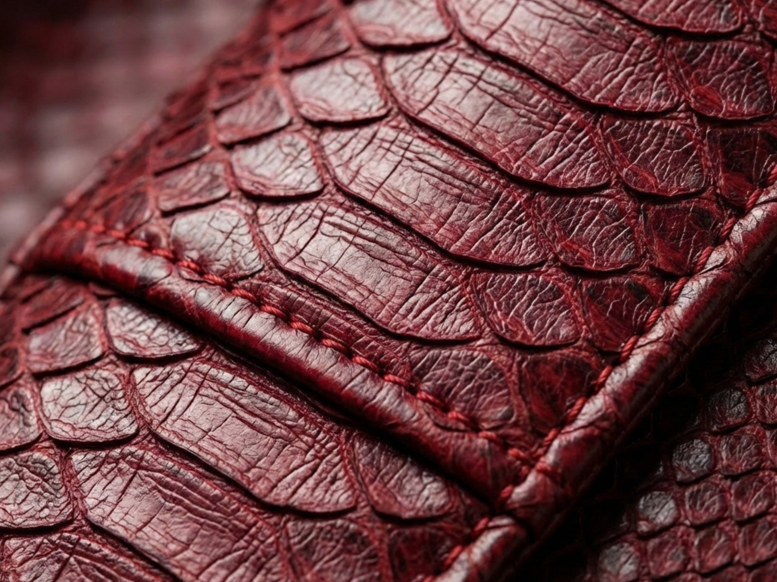 Close-up of red python snakeskin leather with stitched panels and textured scales