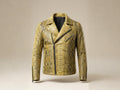 Gold python snakeskin biker jacket with asymmetrical zip front and zippered chest pockets.