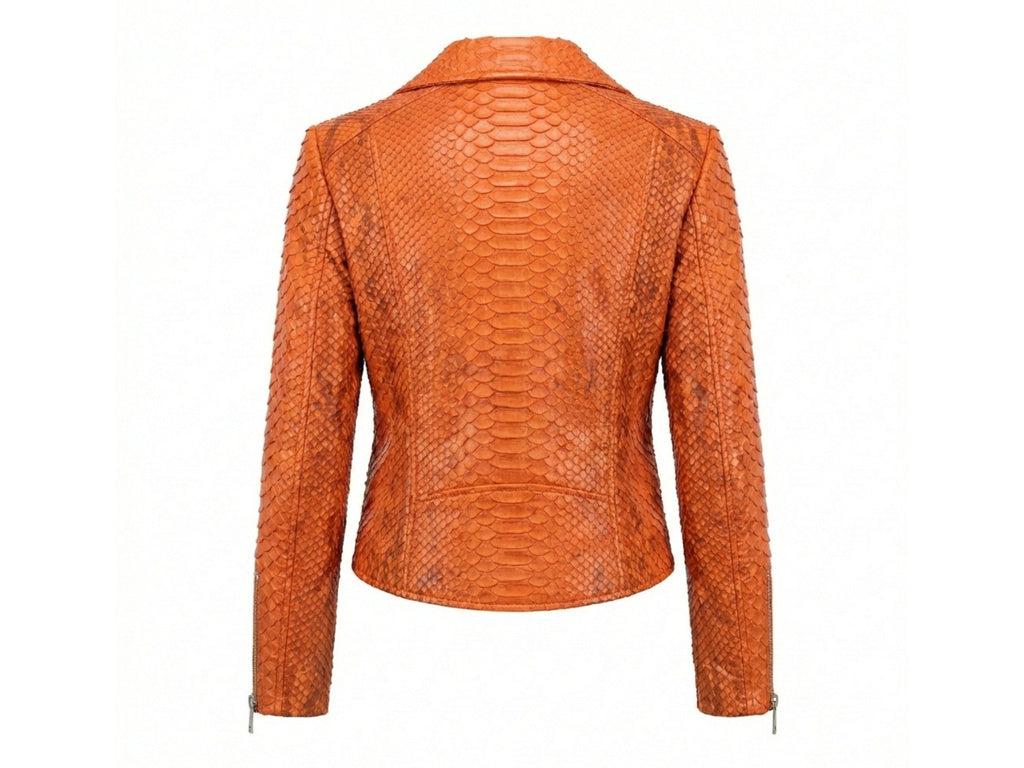 Burnt orange snakeskin-texture leather biker jacket back view with cropped length and zip sides