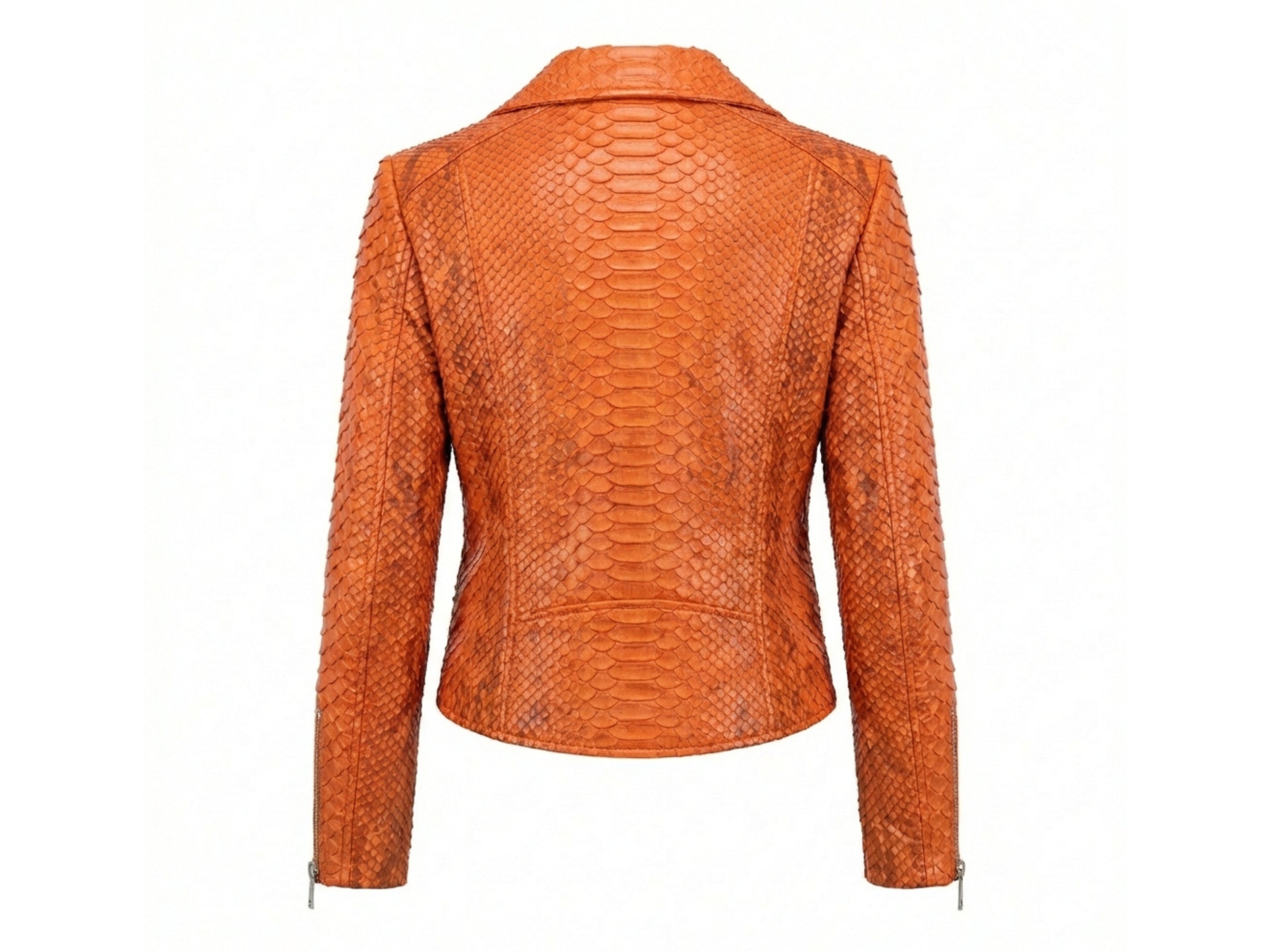 Burnt orange snakeskin-texture leather biker jacket back view with cropped length and zip sides