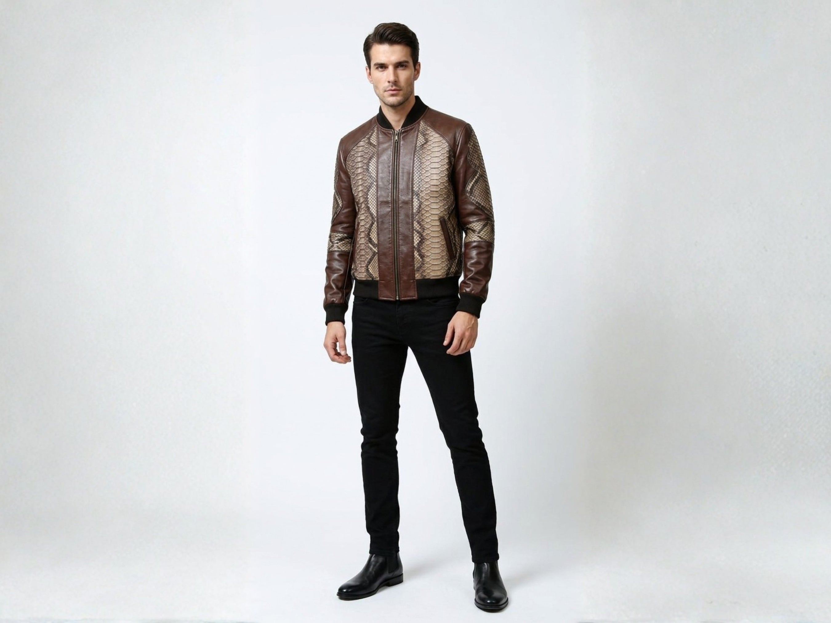 Men's bomber jacket front view: zip-up with stand collar and snakeskin-patterned panels.