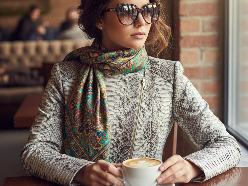 Gray python snakeskin jacket with asymmetrical front zip, long sleeves, stand collar