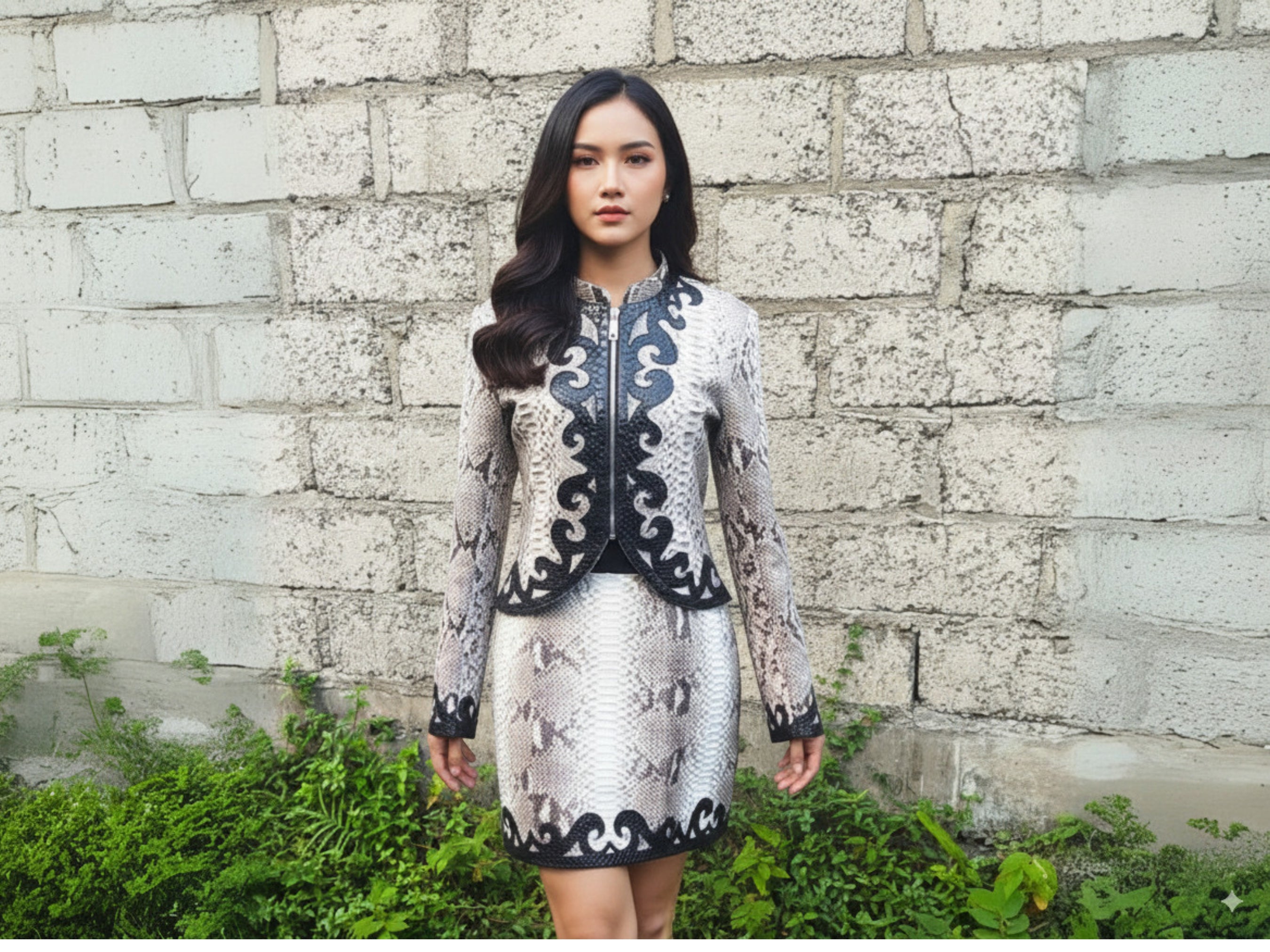 Snakeskin-print jacket and skirt set with ornate black trim, front view on model
