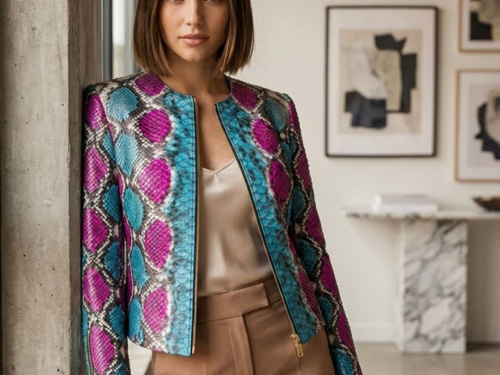 Multi-color snakeskin biker leather jacket close-up with open zip neckline