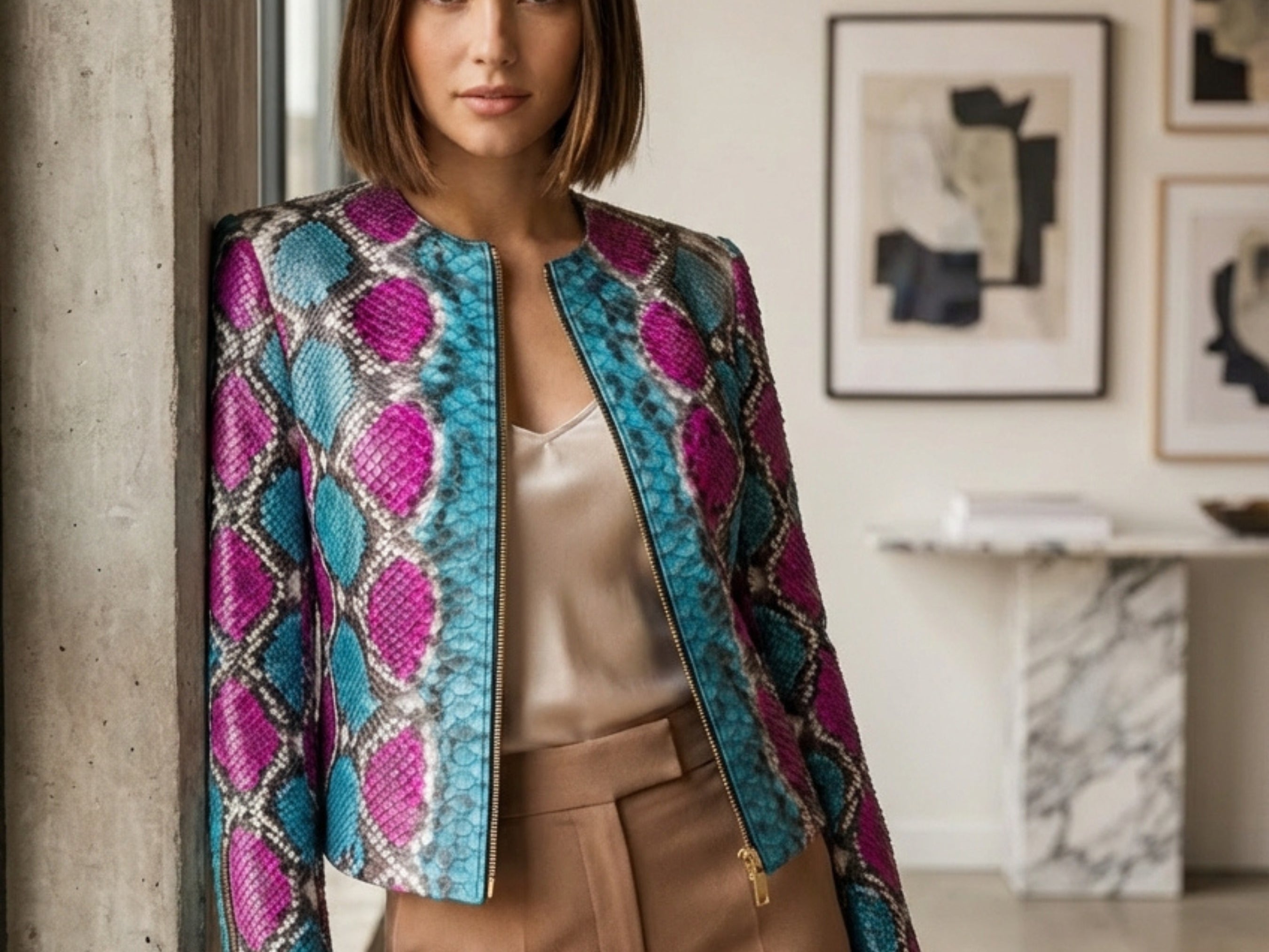Multi-color snakeskin biker leather jacket close-up with open zip neckline
