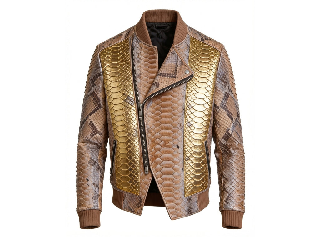 Snakeskin-look biker jacket in gold and brown with stand collar and zip closure
