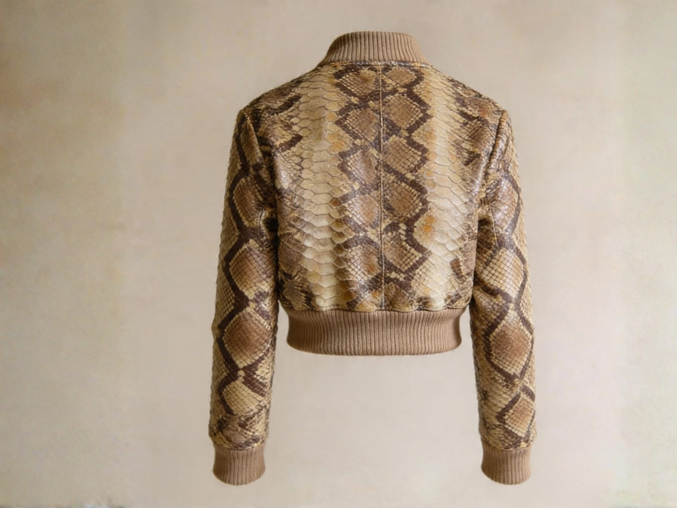 Cropped snakeskin bomber jacket back view with ribbed waistband and collar