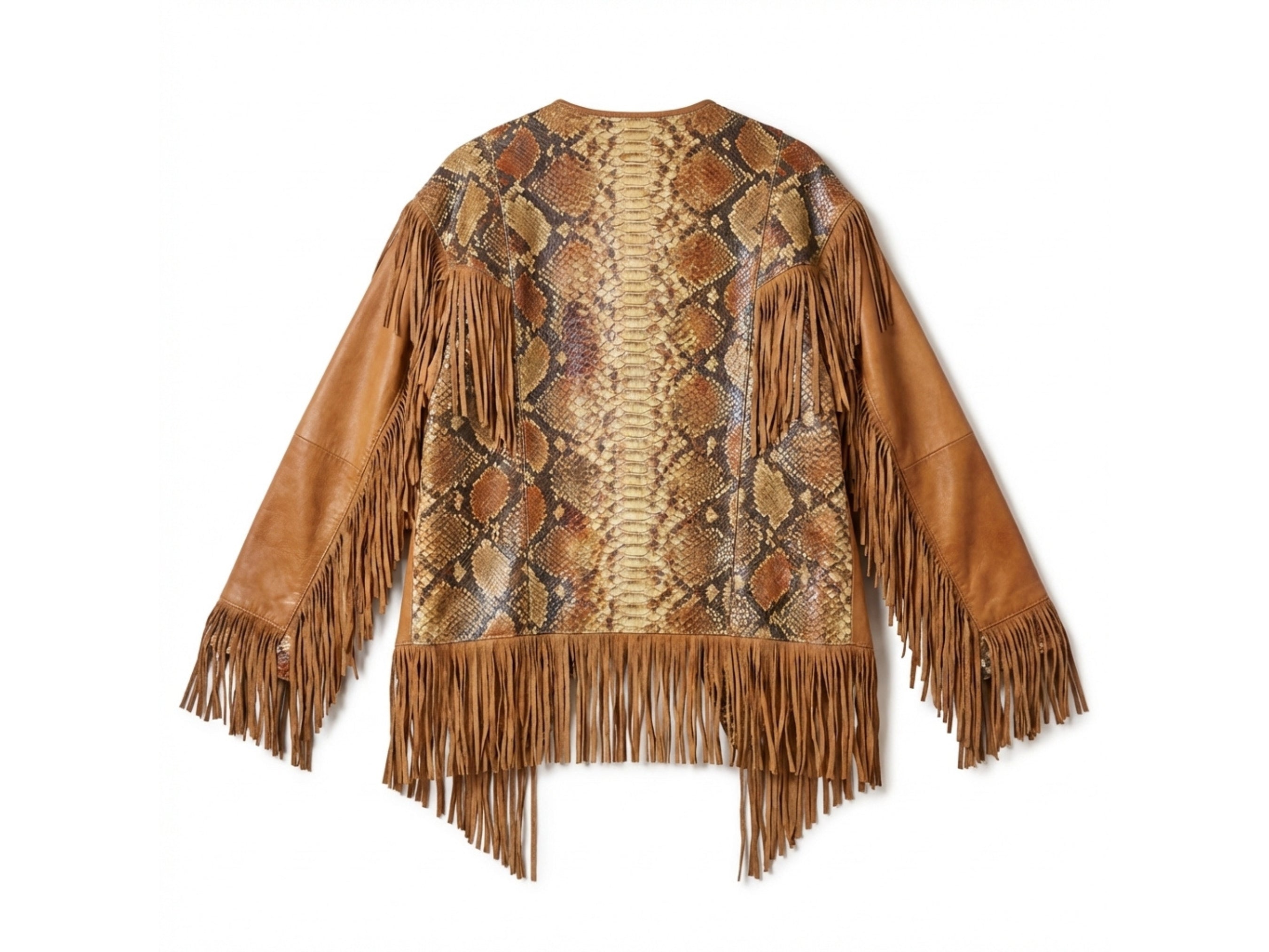 Snakeskin-print front cape jacket with brown suede back and long fringe hem