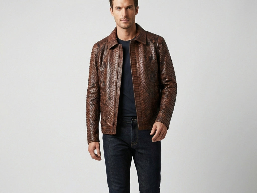 Brown python snakeskin jacket with stand collar and zip-front on model