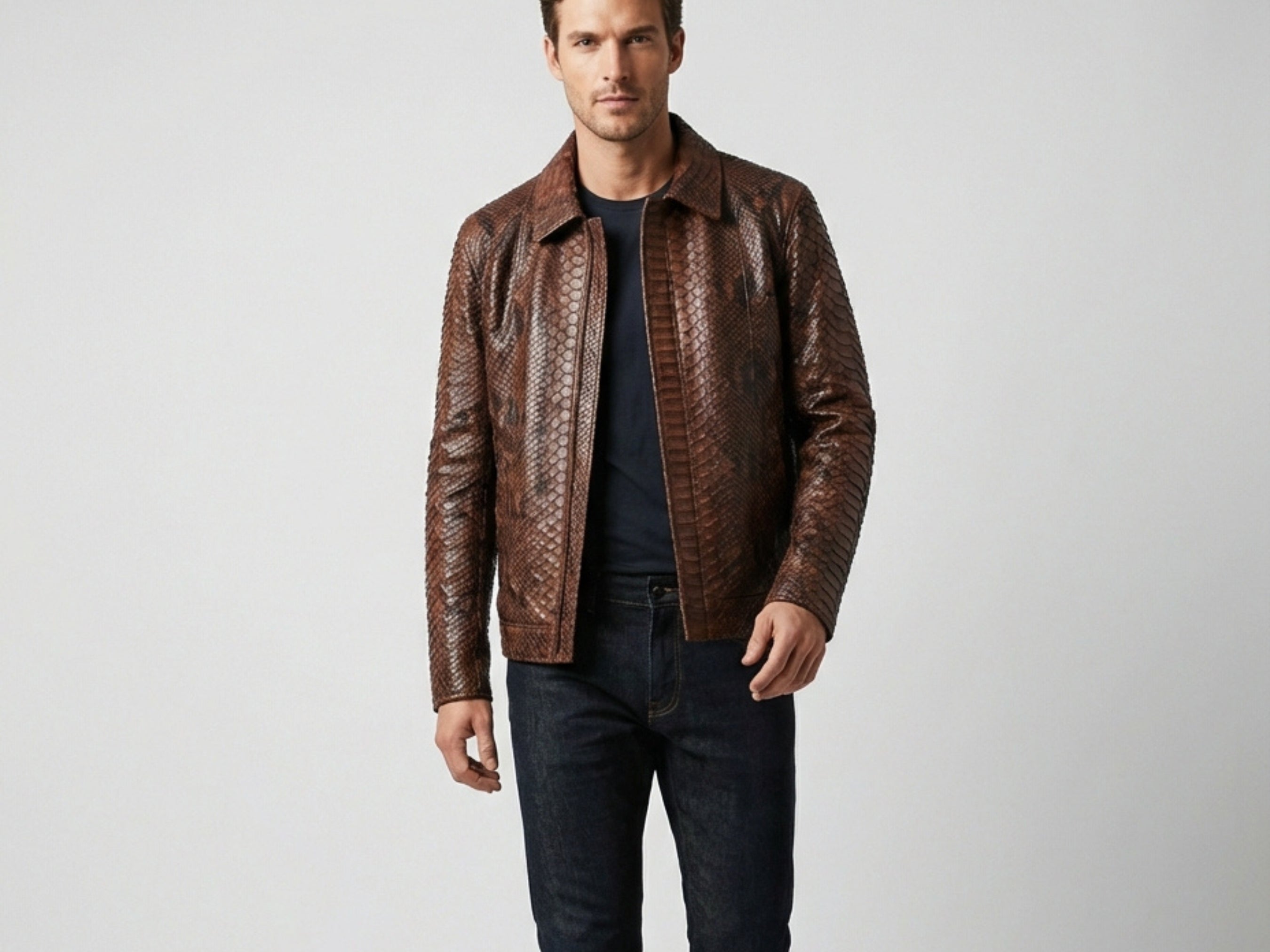 Brown python snakeskin jacket with stand collar and zip-front on model