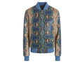 Multi-color python snakeskin bomber jacket, front view, blue tan scale pattern and stand collar