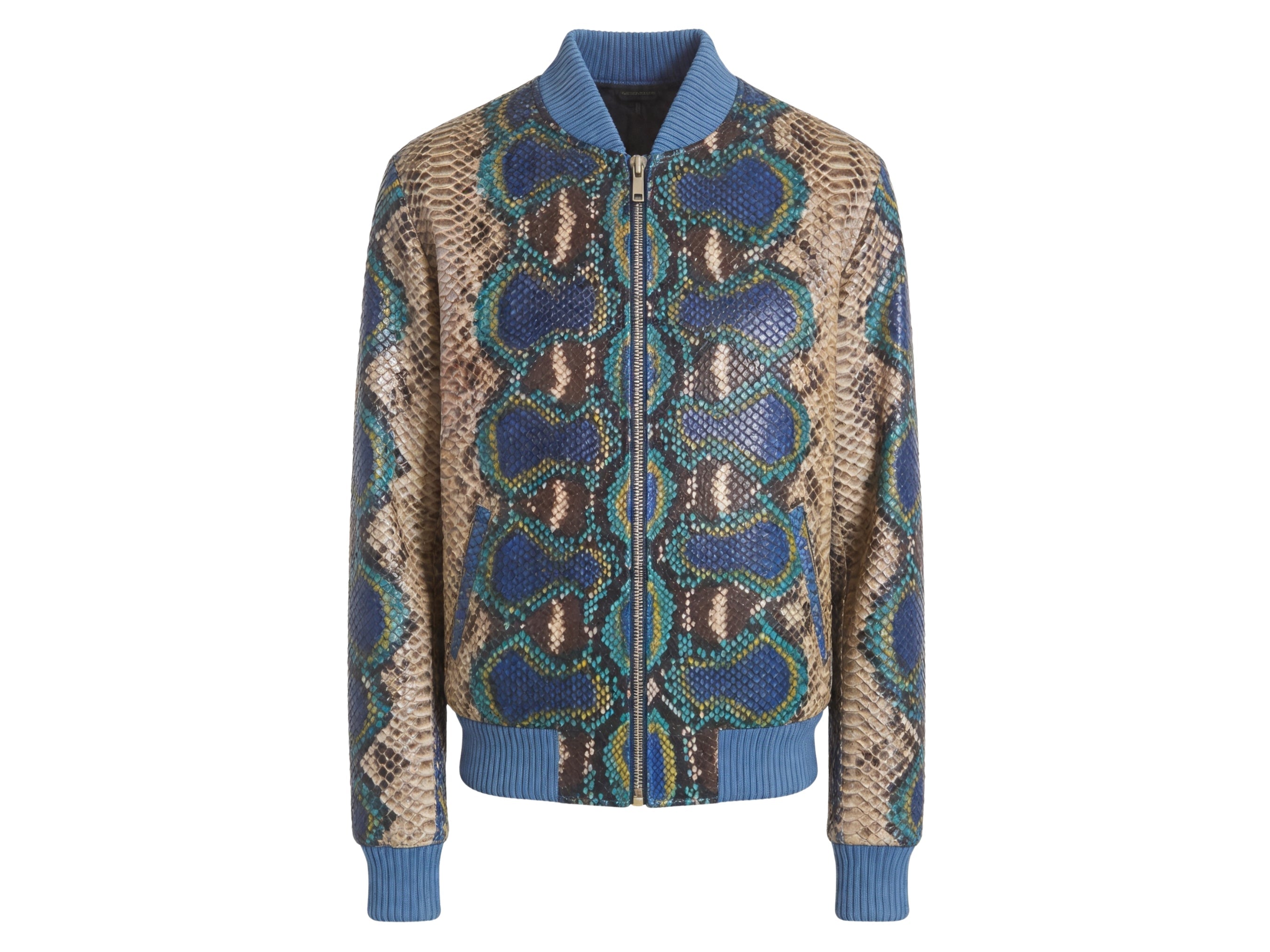 Multi-color python snakeskin bomber jacket, front view, blue tan scale pattern and stand collar