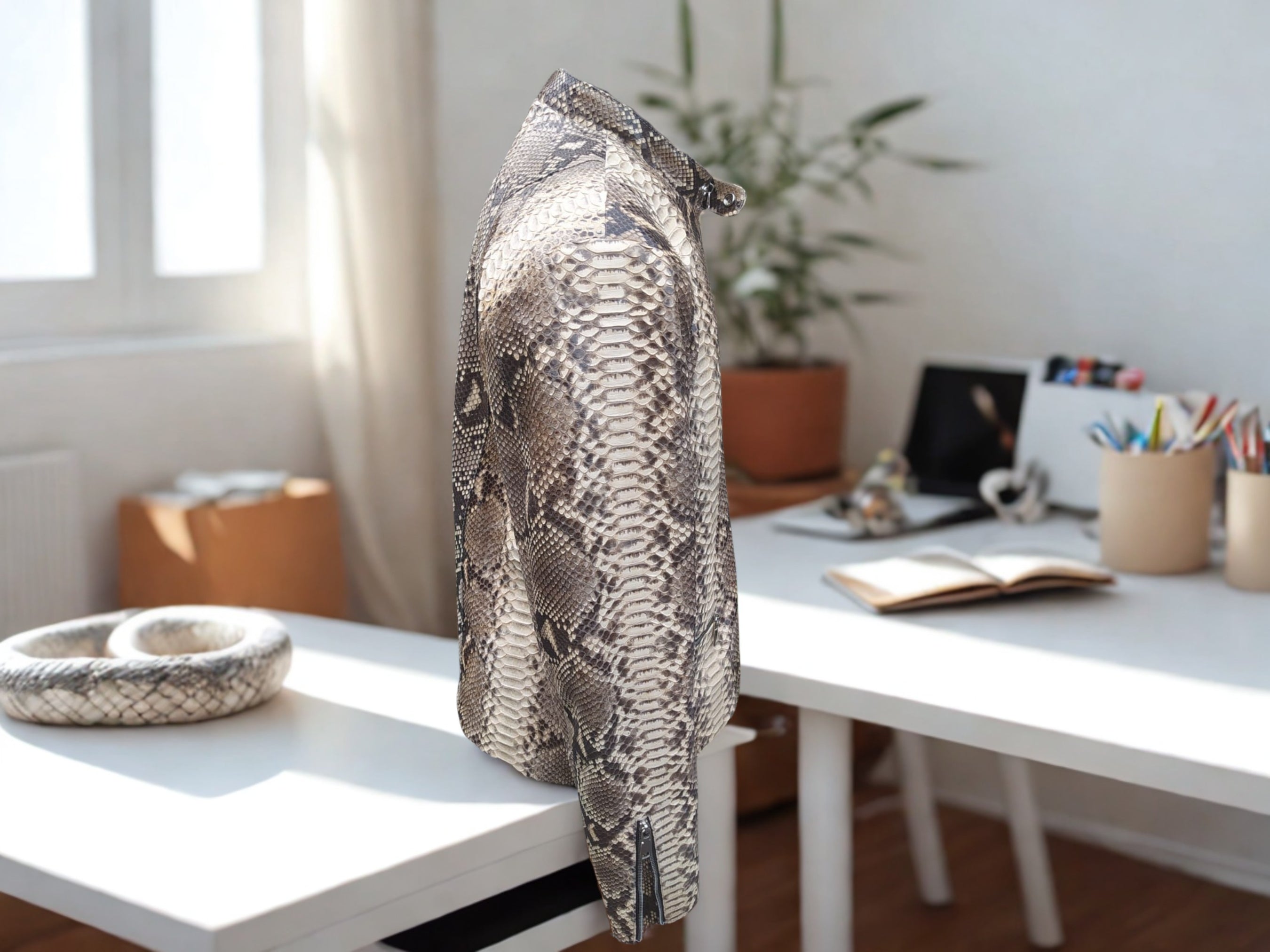 Natural gray python leather jacket, side view, zip-front and stand collar