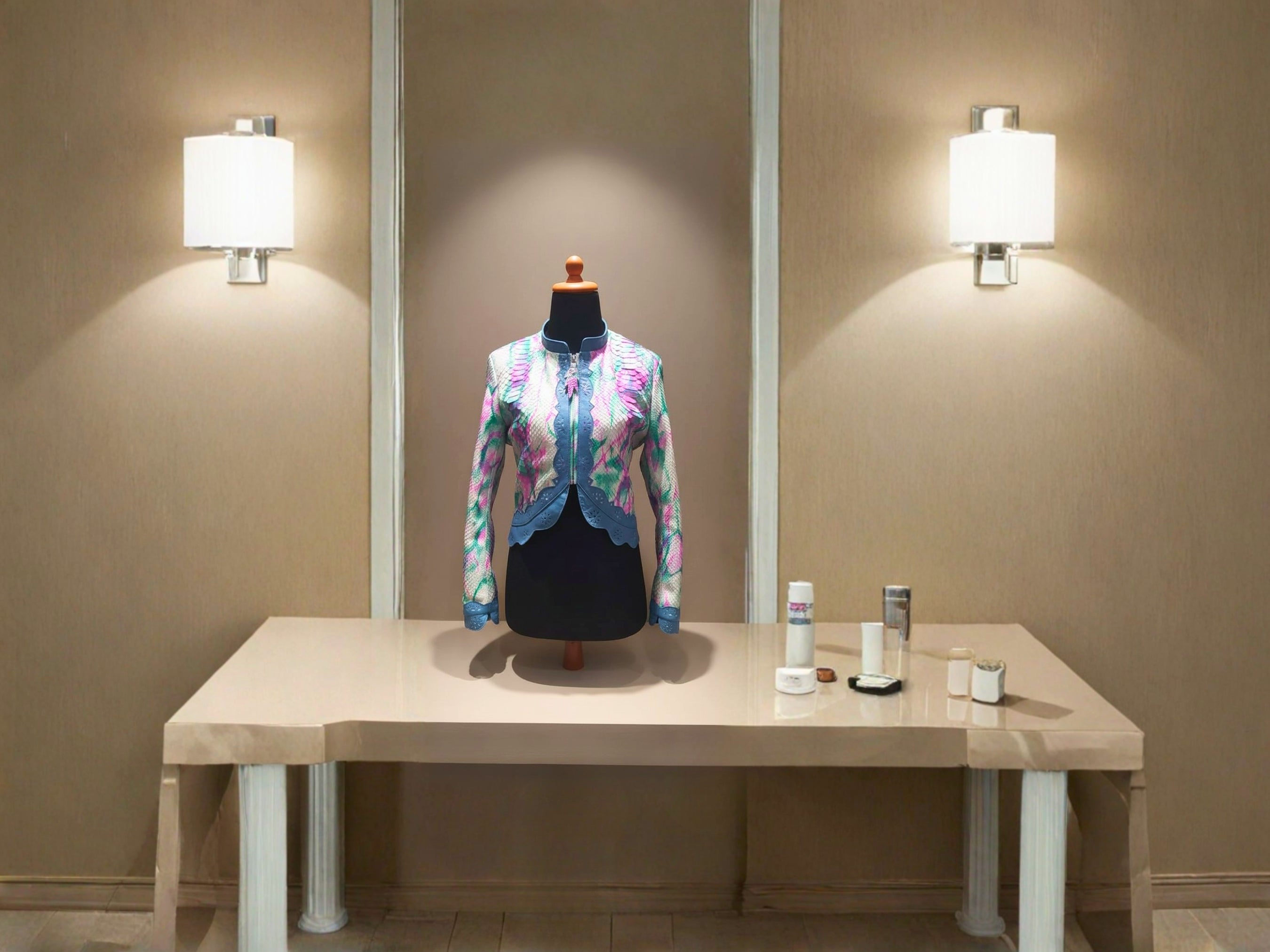 Cropped leather jacket on mannequin, multicolor snakeskin tie-dye print with blue trim