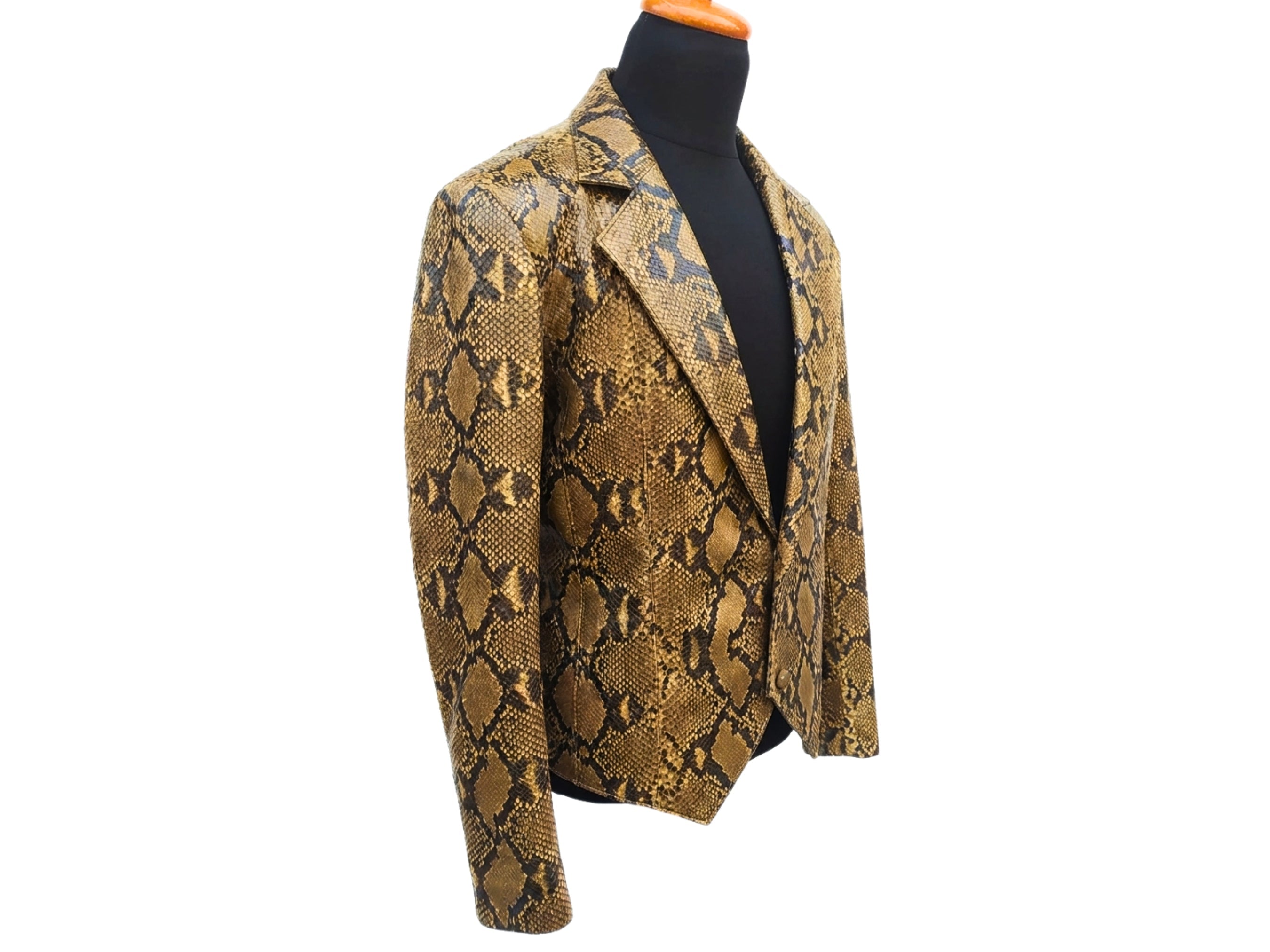 Python snakeskin leather blazer in brown and tan, single-breasted with notch lapels