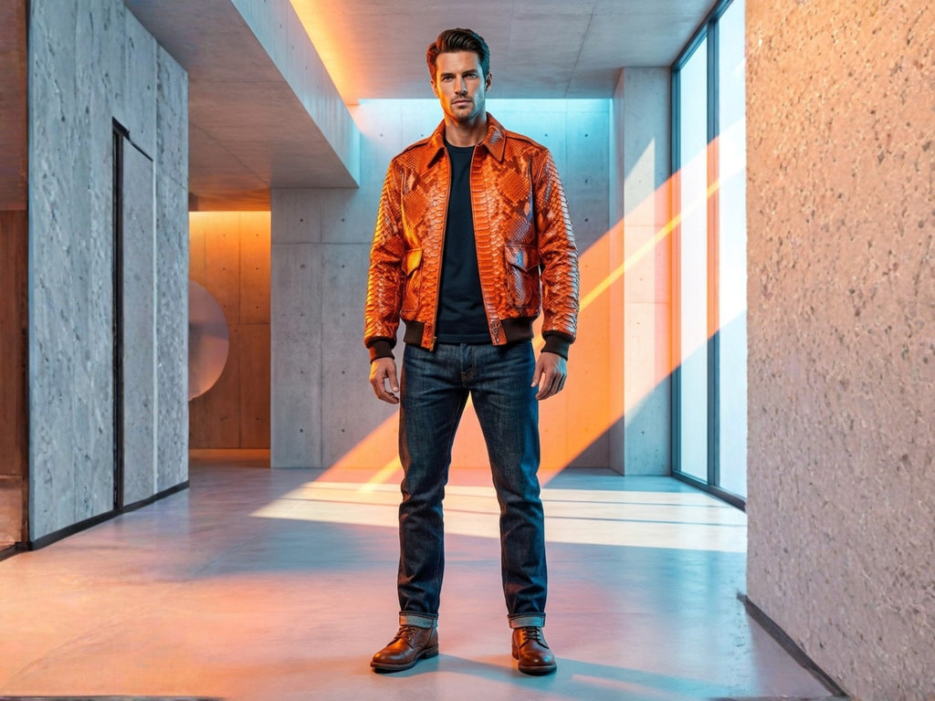 Men's python snakeskin bomber jacket in flame orange, stand collar, zip front