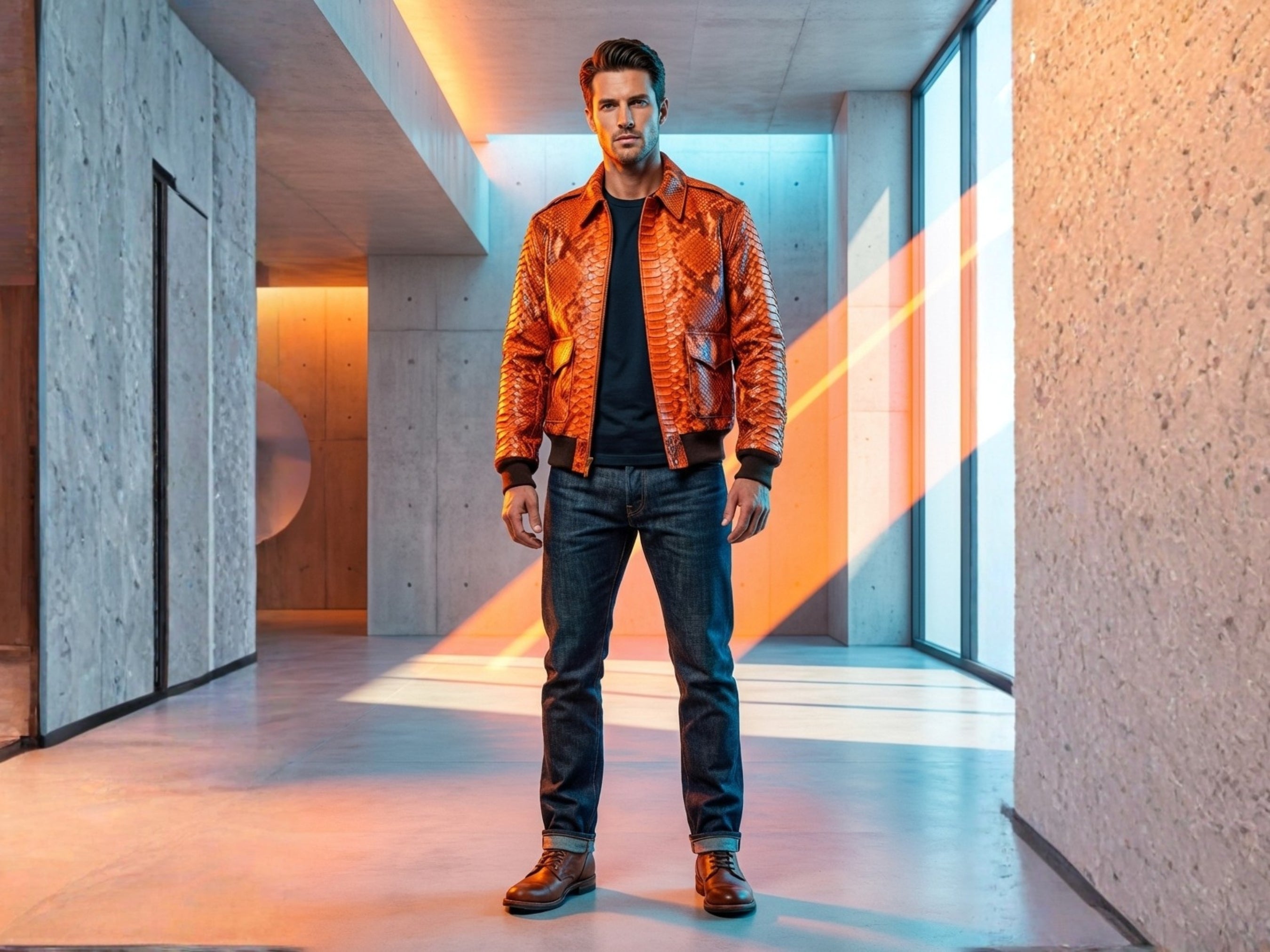 Men's python snakeskin bomber jacket in flame orange, stand collar, zip front
