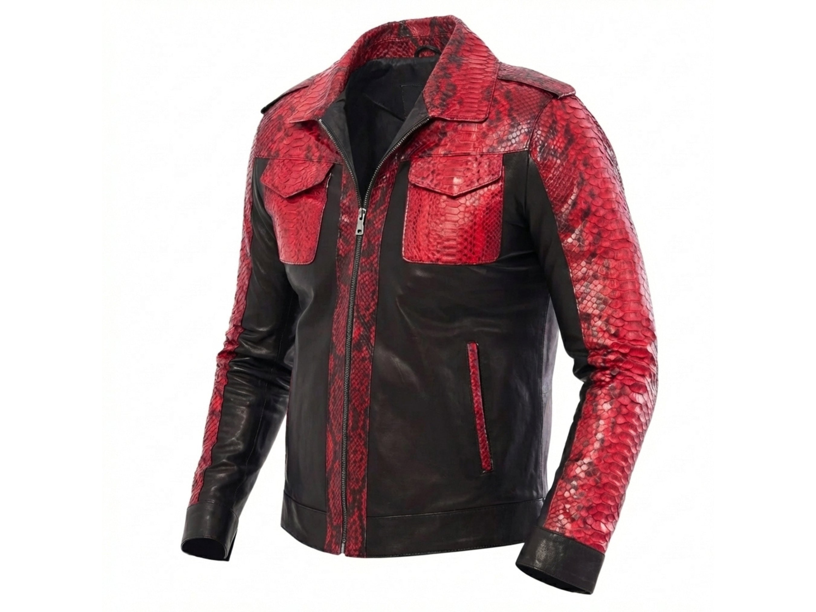 Side view of red snakeskin-style jacket with black leather sleeves and zip front
