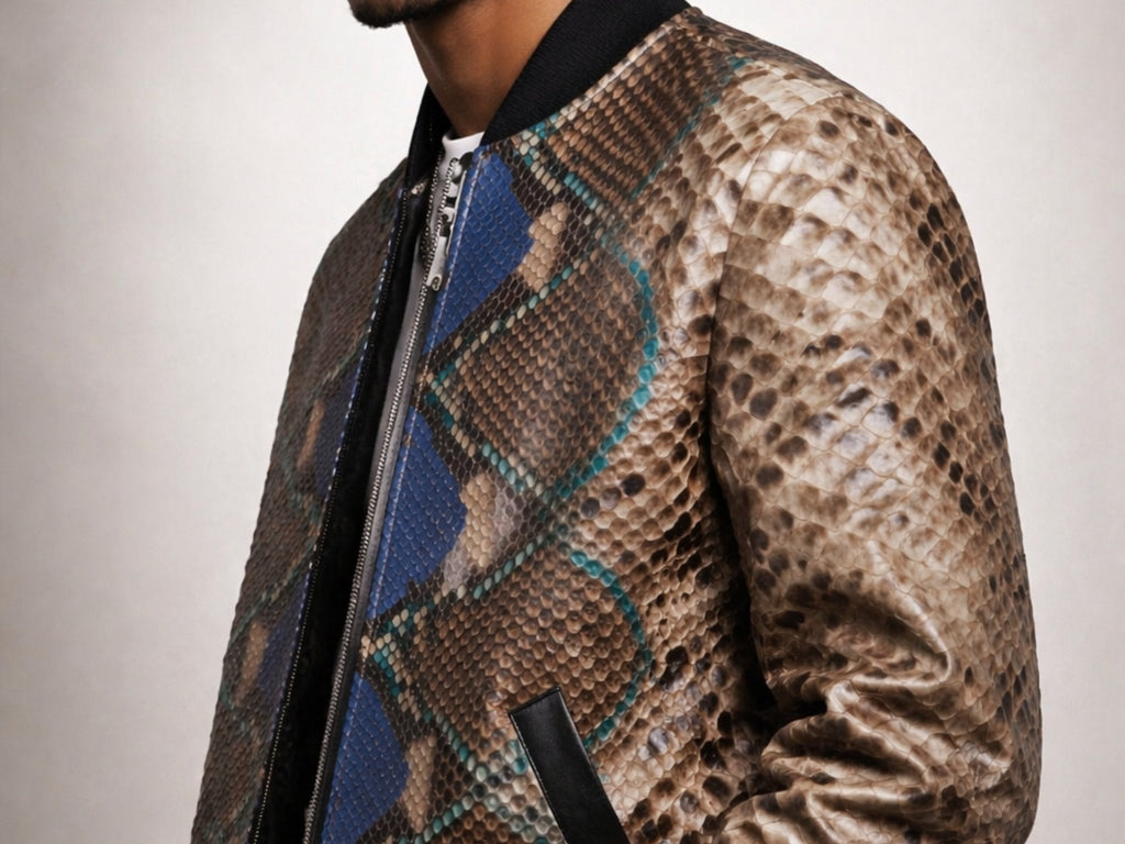 Detail of men’s python snakeskin bomber jacket sleeve and chest panel near the zip closure