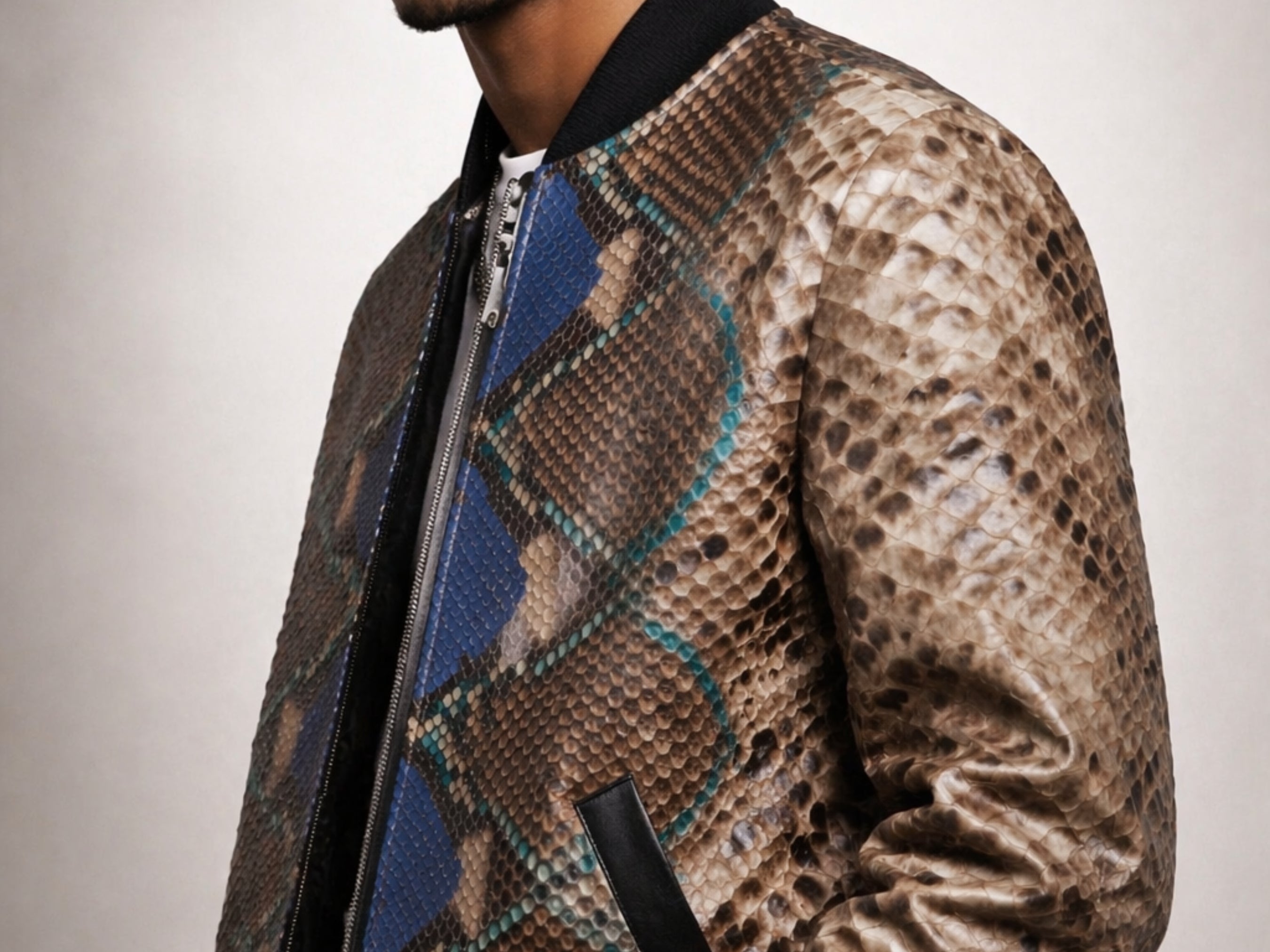 Detail of men’s python snakeskin bomber jacket sleeve and chest panel near the zip closure