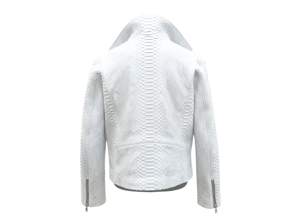 Light blue python-textured biker jacket back view with zip cuffs