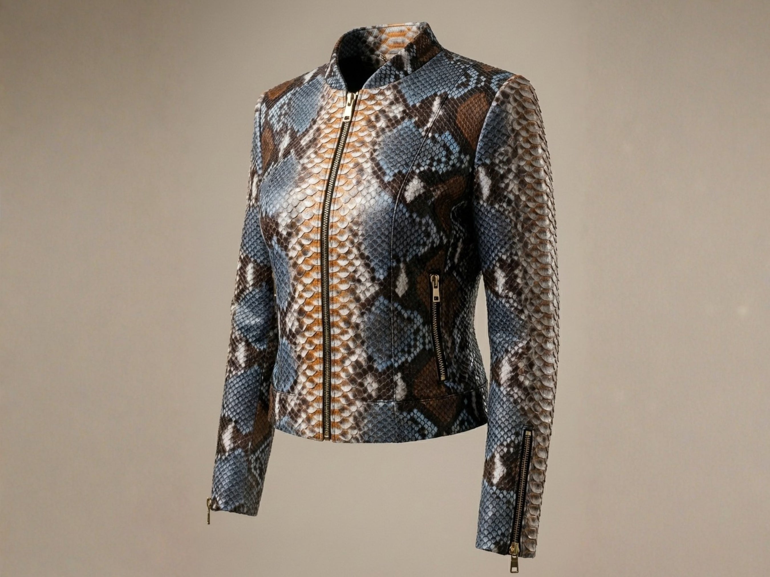 Blue and brown snakeskin leather jacket with front zip and stand collar, cropped view.