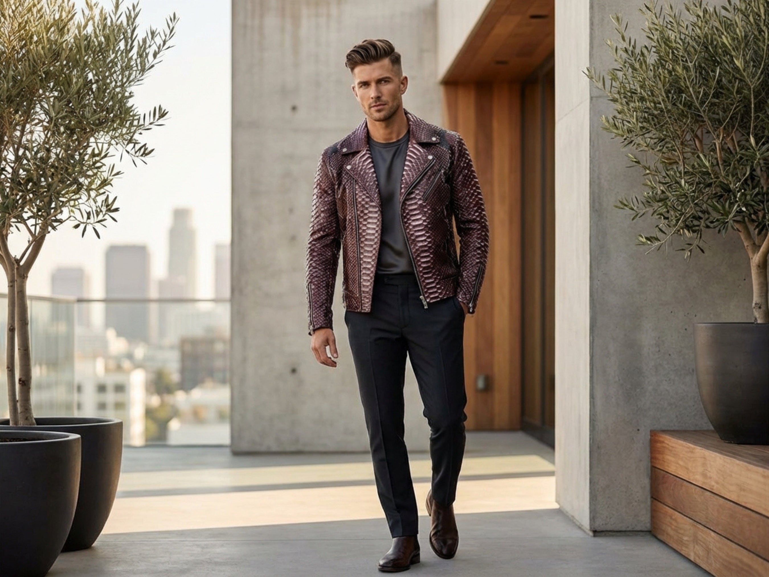 Men’s python snakeskin leather biker jacket, gradient burgundy, worn with black pants