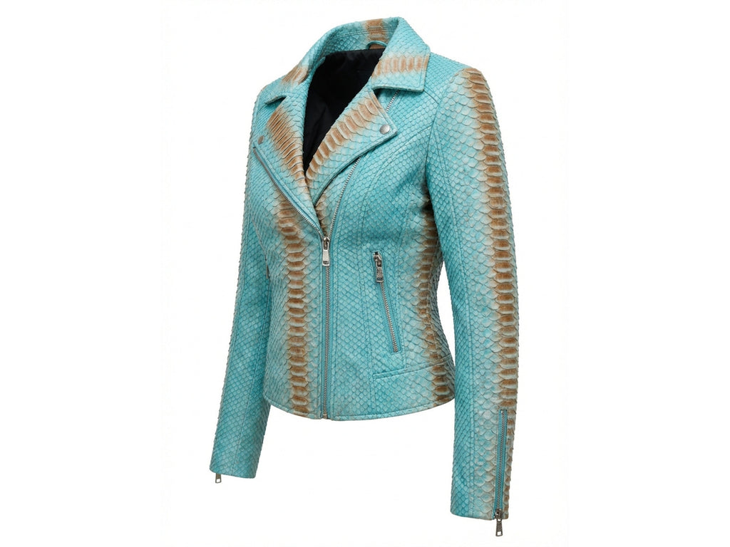 Turquoise snakeskin leather jacket with zip front, stand collar, and long sleeves