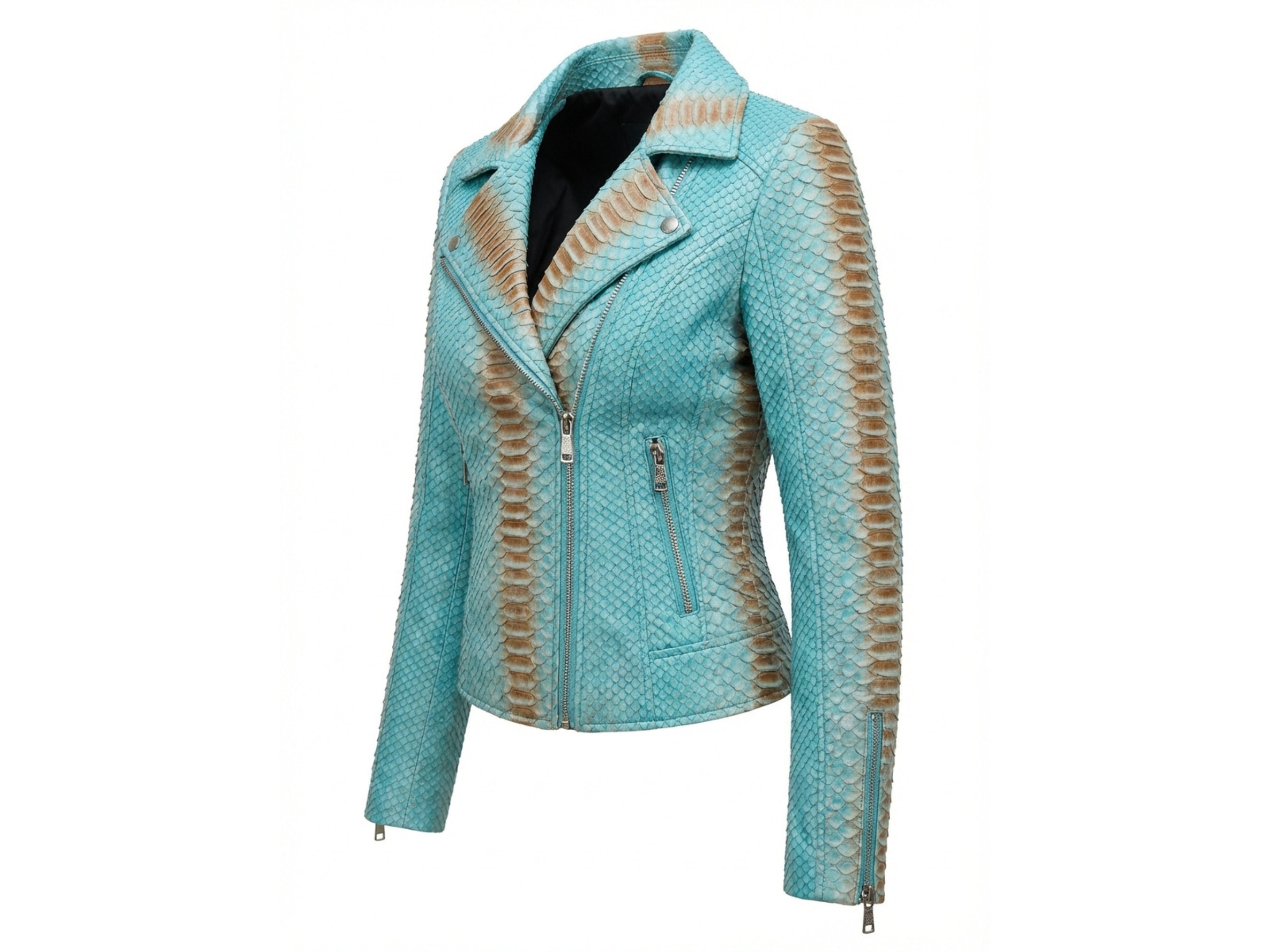 Turquoise snakeskin leather jacket with zip front, stand collar, and long sleeves