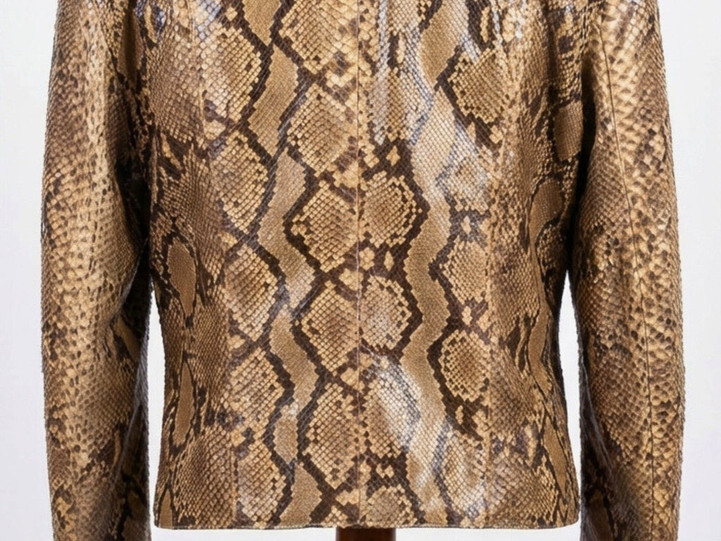 Brown python snakeskin blazer front, long sleeves, textured leather pattern detail