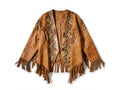 Brown suede cape jacket with snakeskin print panels and cascading fringe at cuffs