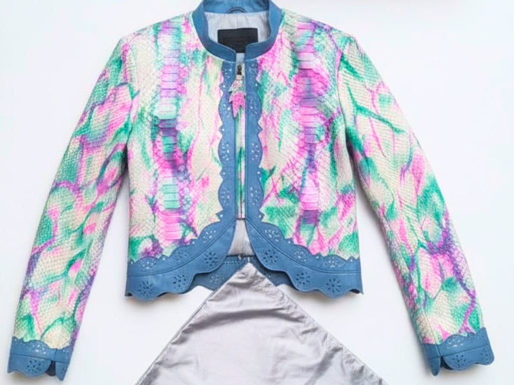 Cropped leather jacket with multicolor snakeskin tie-dye print, blue trim, zip front