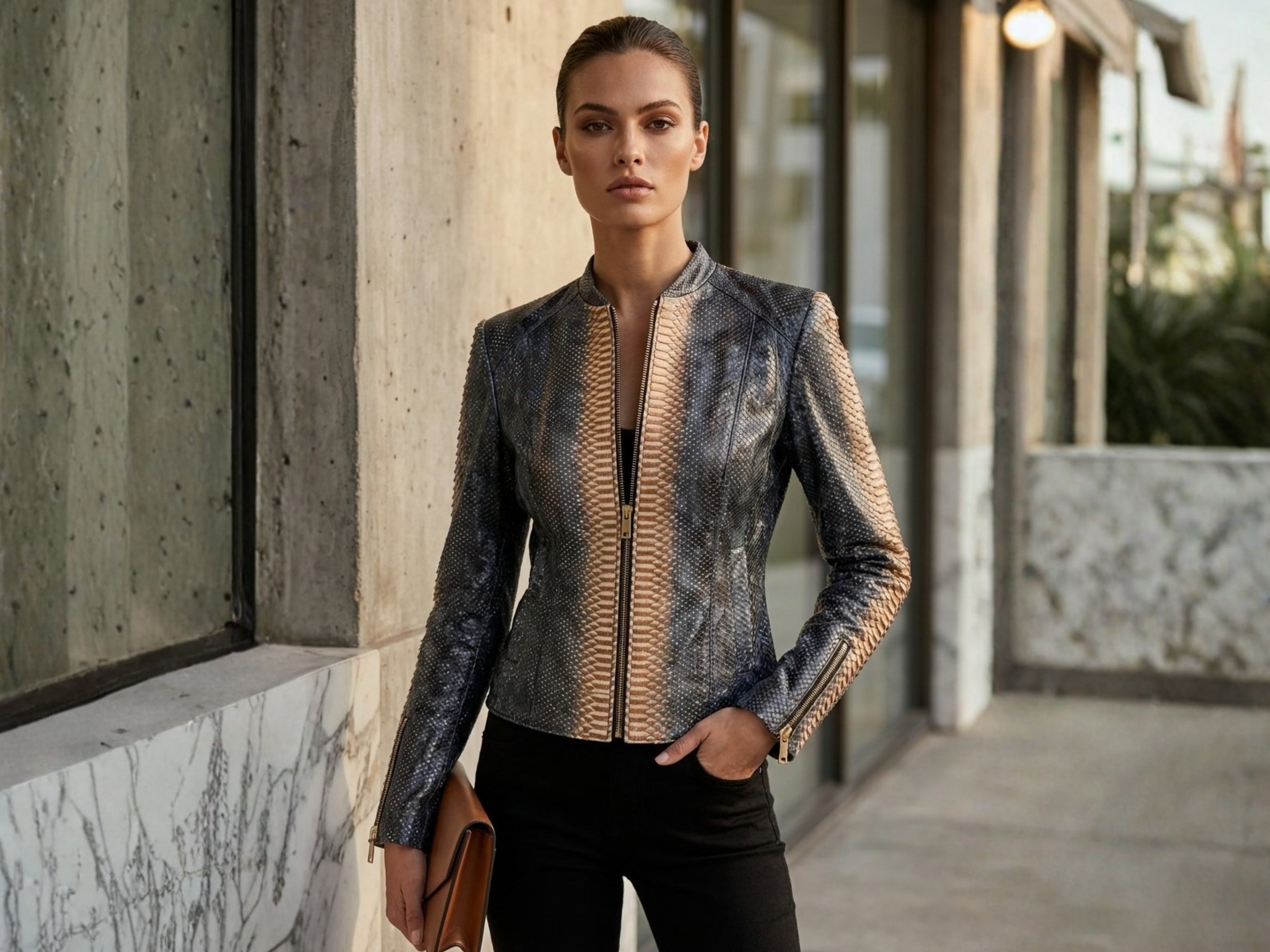 Charcoal snakeskin-effect zip-up jacket with stand collar and long sleeves