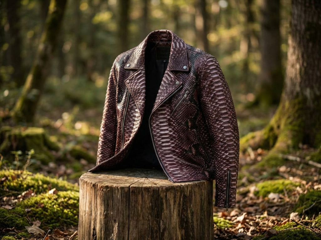 Python snakeskin leather biker jacket on pedestal, gradient burgundy with lapels and zip