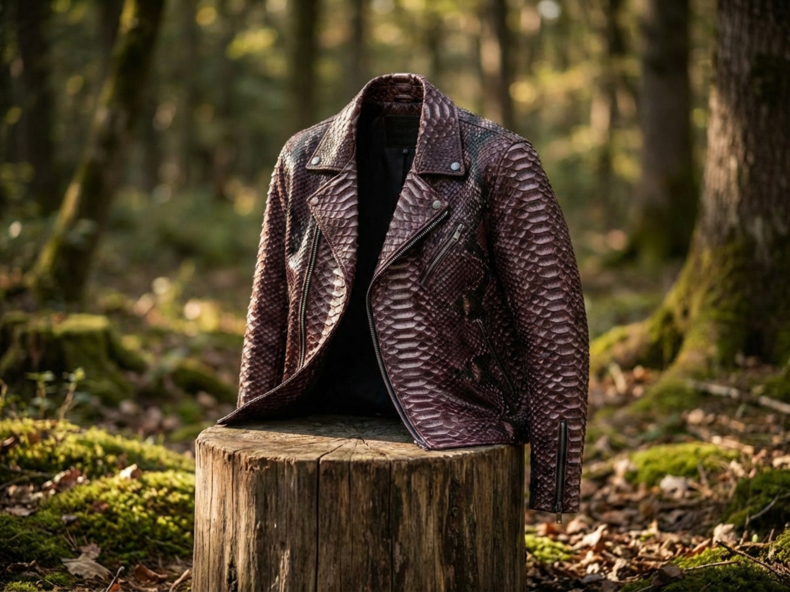 Python snakeskin leather biker jacket on pedestal, gradient burgundy with lapels and zip